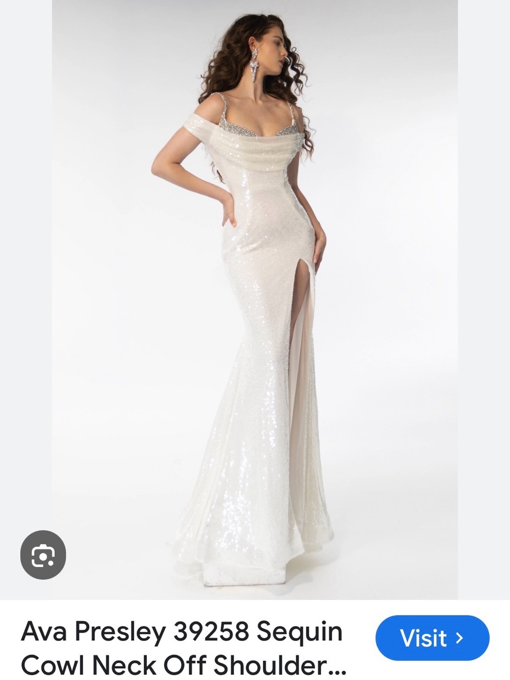 Ava Presley 39258 White Sequin Cowl Neck Off-Shoulder Prom Gown